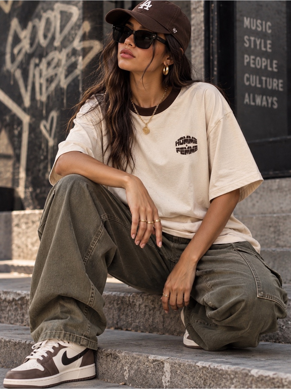 Homme + Femme XL Oversized Ringer Graphic T-Shirt Cream Brown Streetwear